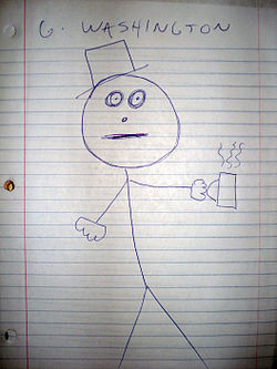 Photograph of a sketch of the inventor George Washington as a stickman with a top hat and cup of hot instant coffee