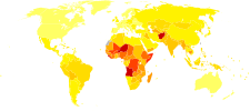 A map of the world with a far bit of dark-red in Africa, orange colors in parts of Asia and South America, and yellow in Europe and North America