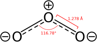 Skeletal formula of ozone with partial charges shown with some dimensions