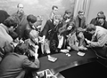 Bill Wyman, Brian Jones, Keith Richards, Mick Jagger and Charlie Watts with journalists, Amsterdam Airport Schiphol, 1966