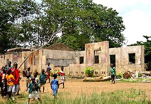 The remains of a school in Koindu damaged during the Sierra Leone Civil War by RUF rebel forces