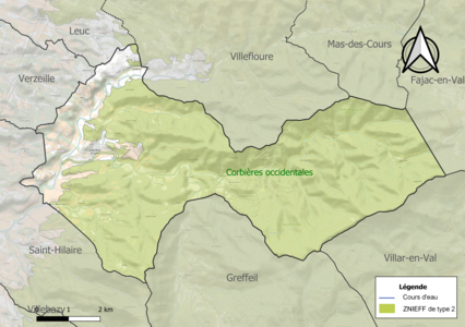 Carte de la ZNIEFF de type 2 sur la commune.