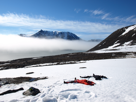 Making snow-angels on Danes Island on July 19, 2008.