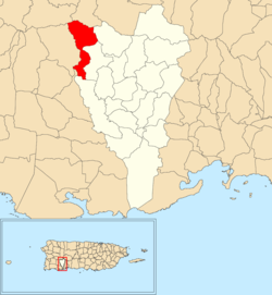 Location of Frailes within the municipality of Yauco shown in red