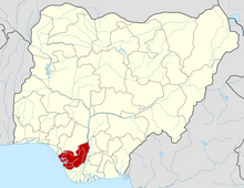 The Diocese of Warri is located in the southern portion of Delta State which is shown in red.