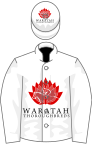 White, red waratah, diagonally halved sleeves, white cap with red waratah