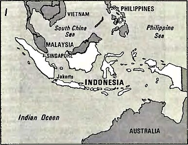 Peta dalam buku CIA World Factbook tahun 1982, yang menyertakan Timor Timur sebagai bagian dari wilayah negara Indonesia.