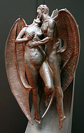 A winged male humanoid devil holds a naked woman as she touches her breast.