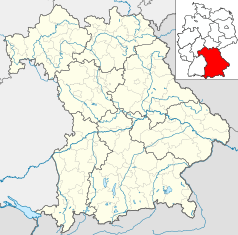 Mapa konturowa Bawarii, blisko centrum po lewej na dole znajduje się punkt z opisem „WWK Arena”