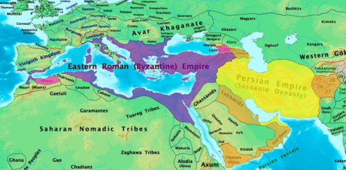 امپراتوری بیزانس، امپراتوری ساسانیان و دیگر قدرت‌های محلی پیش از ظهور اسلام در سال ۶۰۰میلادی.