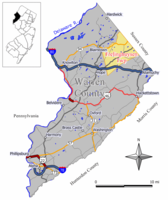 Location of Frelinghuysen Township in Warren County highlighted in yellow (right). Inset map: Location of Warren County in New Jersey highlighted in black (left).