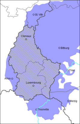 Verspreidingsgebied van de Luxemburgse taal (gearceerd) en daaraan gerelateerde Moezelfrankische dialecten.