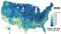 Non-Hispanic White Americans mapped in 2020 to US counties. At their (most current) lowest percentage, due to increased immigration from outside of Europe and fertility differentials/ageing. Additional maps can be found on the Non-Hispanic White wiki page.