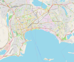 Mapa konturowa Baku, u góry nieco na prawo znajduje się punkt z opisem „Stadion Olimpijski w Baku”