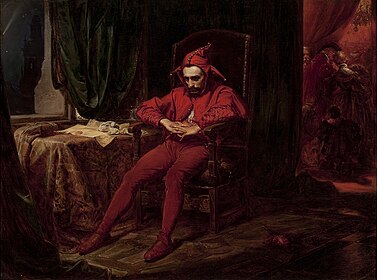 The Court Jester Stanczyk Receives News of the Loss of Smolensk During a Ball at Queen Bona's Court (Matejko, 1862). Surrounded by jovial courtiers, the jester is ironically the only one troubled that the Russians are conquering Poland. Jan Matejko, Stanczyk.jpg