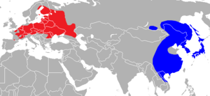 Blua: La terenoj kie nature loĝas niktereŭtoj en orienta Azio (Japanio, Koreio, orienta Ĉinio, orienta Siberio. Ruĝa: enkondukita en Eŭropan Rusion, ĝi disvastiĝis en orienta Eŭropo, ĝis Germanio kaj orienta Francio.