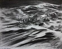 Sketch of an imperiled sloop cresting over a large wave in stormy weather