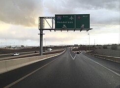 2015-11-04 16 23 37 View along the ramp connecting southbound Interstate 15 to Interstate 215 and Clark County Route 215 (Las Vegas Beltway) in Enterprise, Nevada.jpg