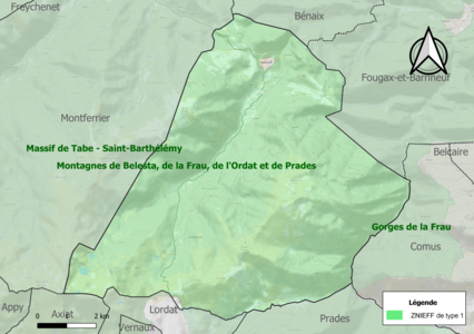 Carte des ZNIEFF de type 1 sur la commune.