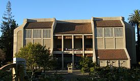 Front entrance of De Anza's Flint Center, seen early in the film during dialogue between the fictionalized Jobs and Wozniak Flintcenter.jpg