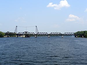 View of Livingston Avenue Bridge crossing the Hudson River, looking upstream or north