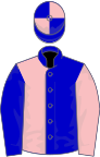 Blue and pink (halved), reversed sleeves, quartered cap