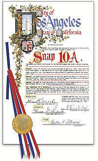 On May 20, 1965, the City of Los Angeles recognized Atomics International on the occasion of the successful SNAP-10A mission. SNAP 10A Proclamation.jpg