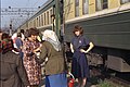 Trans-Siberian railway. Passengers buy food and drinks from local people when the train stops (August 1989).