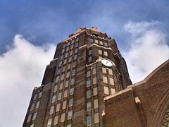 One of four corner clocks on the office tower