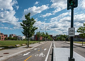 Sidewalk in Providence, with bike path.