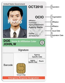 An example diagram of a Personal Identity Verification (PIV) card issued by various United States government agencies. Not all fields are used by all agencies. Example PIV card.png