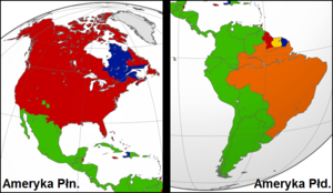 Mapa. Obie Ameryki obok siebie. Granice państw. Różnokolorowe obszary