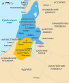 公元前九世紀，南黎凡特地區地圖，藍色為北國以色列，黃色為南國猶大