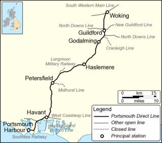 <span class="mw-page-title-main">Portsmouth Direct line</span> Railway line from London to Portsmouth, England