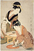 Préparation de poisson, de Utamaro, Japon, XVIIIe siècle.