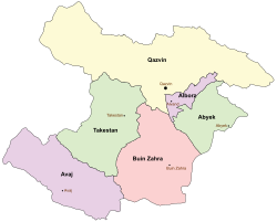 Location of Qazvin County in Qazvin province (yellow)