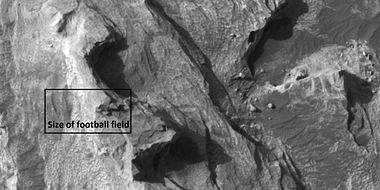 Top of white butte, as seen by HiRISE under HiWish program. Box shows size of a football field.