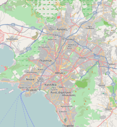 Mapa konturowa Aten, blisko centrum na dole znajduje się punkt z opisem „Świątynia Ateny Nike”