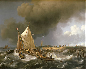 Boats in a Heavy Storm label QS:Len,"Boats in a Heavy Storm" label QS:Lpl,"Okręty w mocnym sztormie" label QS:Lnl,"Schepen in moeilijkheden bij een zware storm" 1696. oil on canvas medium QS:P186,Q296955;P186,Q12321255,P518,Q861259 . 63.5 × 79.5 cm (25 × 31.2 in). London, Dulwich Picture Gallery.