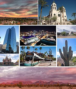Images, from top, left to right: Downtown Phoenix skyline, Saint Mary's Basilica, Arizona Biltmore Hotel, Tovrea Castle, a saguaro cactus, Camelback Mountain