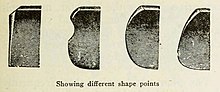 Four of the main blade point (nose) profile shapes: Square, Barber's notch, Round, and French (with a round end point at the toe) Razor points.jpg