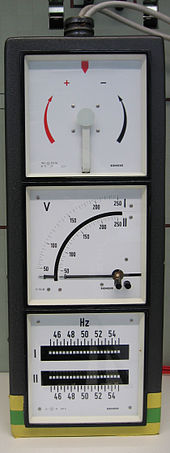 From top to bottom: synchroscope, voltmeter, frequency meter. When the two systems are synchronized, the pointer on the synchrosope is stationary and points straight up. Synchronoscope stack.jpg