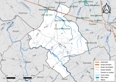 Carte en couleur présentant le réseau hydrographique de la commune