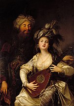 Roxelana and the Sultan Suleiman the Magnificent, the villains of the story. Painting by the German baroque painter Anton Hickel (1780) Anton Hickel 001.JPG