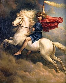 Un cheval blanc, monté par un jeune homme pieds nus portant une tunique bleue et une cape rouge et coiffé d’une couronne, tenant dans sa main droite une torche incandescente, semble s’élever par-dessus les nuages.