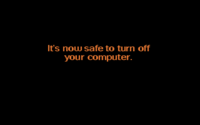 The "It's now safe to turn off your computer" screen in Windows 9x. Most of the computer peripherals are offline, and the only ways to exit this screen are to power off or reset the computer. LOGOS.SYS.png