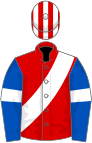 Red, white sash, royal blue sleeves, white armlets, red and white striped cap