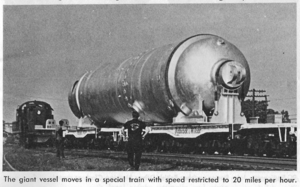 This Babcock & Wilcox nuclear steam generator moved in a special train (restricted to 20 mph) via the Penn Central Railroad and Southern Railway from Barberton, Ohio to a Duke Energy site in Oconee, S.C. This generator weights 1,140,000 lbs and is a record shipment for the Railroad at that time (1970). PCPOST BabcockWilcox Train.png