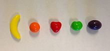 The Runts lineup as of 2024 (l-r: banana, orange, strawberry, green apple and grape) Runts-2013.jpg