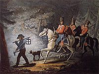 An American Loyalist leads three Hessian hussar horsemen on patrol through the woods.